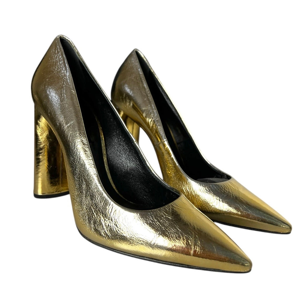 Casadei Gold Metallic Foil Leather Block Heel Pumps – EU 37