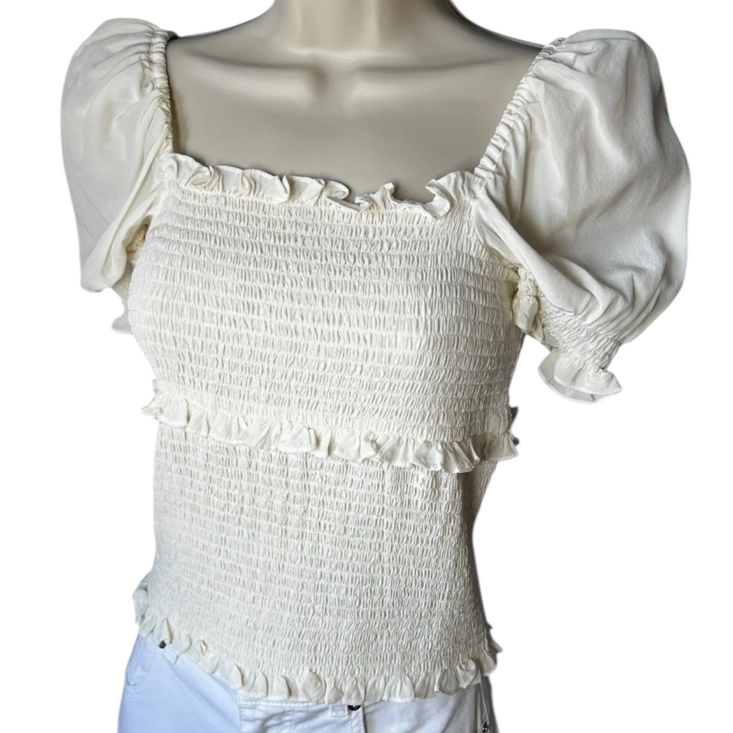 Cinq à Sept Square Neck Puff Sleeves Smocked Ruffle Silk Top – S