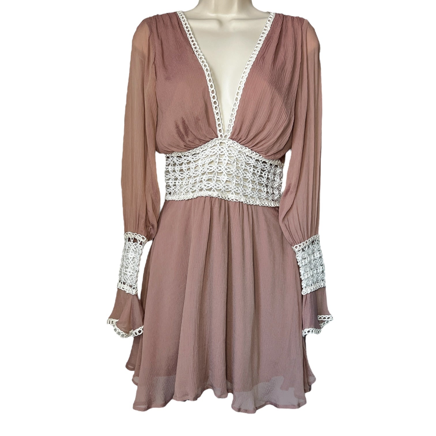 For Love & Lemons Silk Lace V Neck Long Sleeve Mini Dress – XS