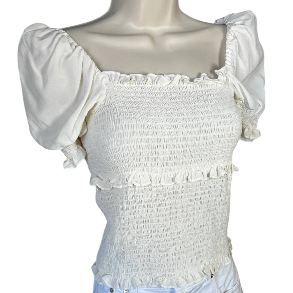 Cinq à Sept Square Neck Puff Sleeves Smocked Ruffle Silk Top – S – pre-loved