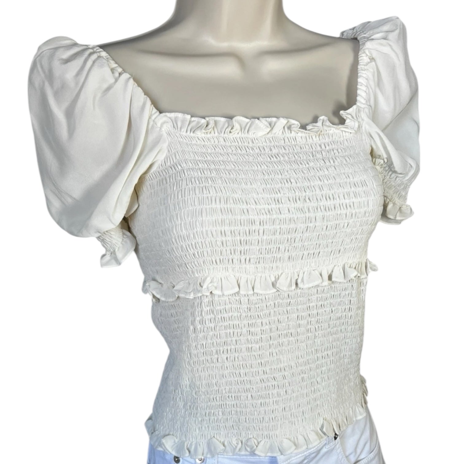 Cinq à Sept Square Neck Puff Sleeves Smocked Ruffle Silk Top – S