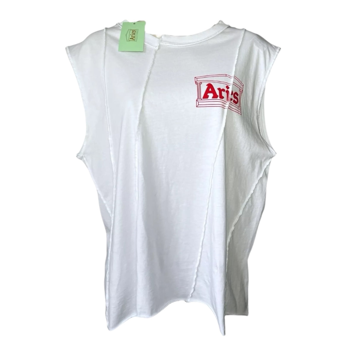 Aries Offset Vest – Deconstructed Temple Print Cotton Top, Size L – pre-loved