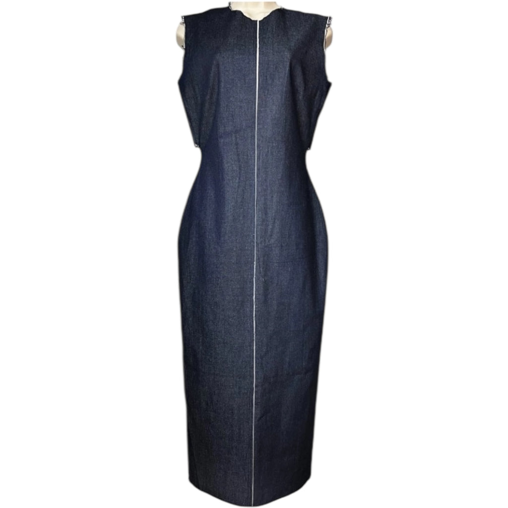 Solace Denim Chambray Midi Dress – Cut-Out Button Back, UK10 – pre-loved
