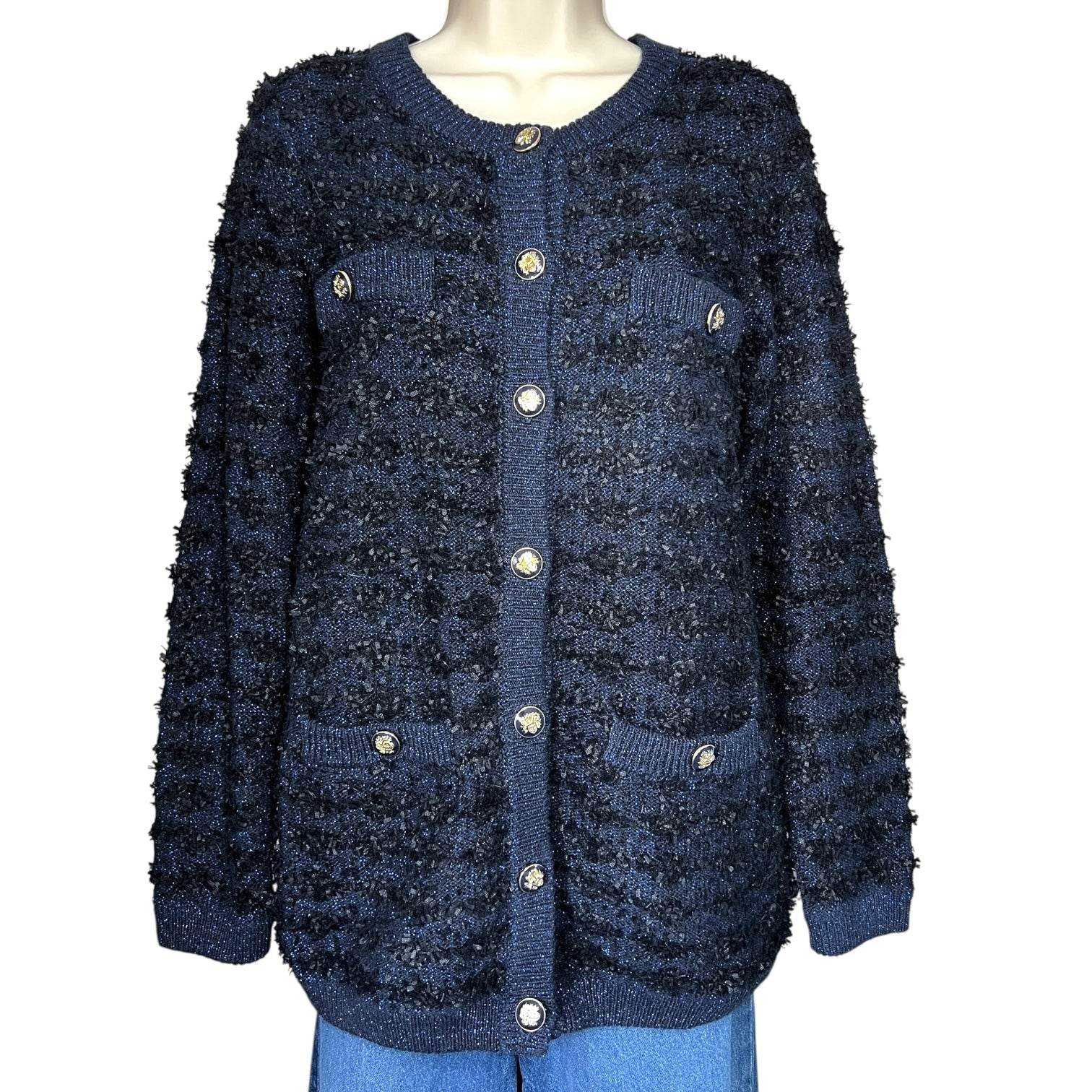 L.K. Bennett Clyde Tweed Cardigan – Black/Navy, Size S – pre-loved
