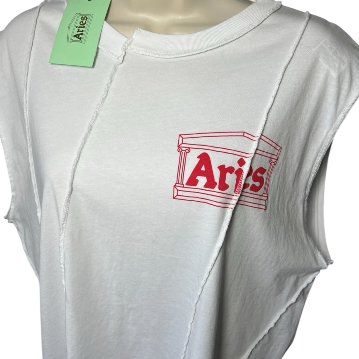 Aries Offset Vest – Deconstructed Temple Print Cotton Top, Size L – pre-loved
