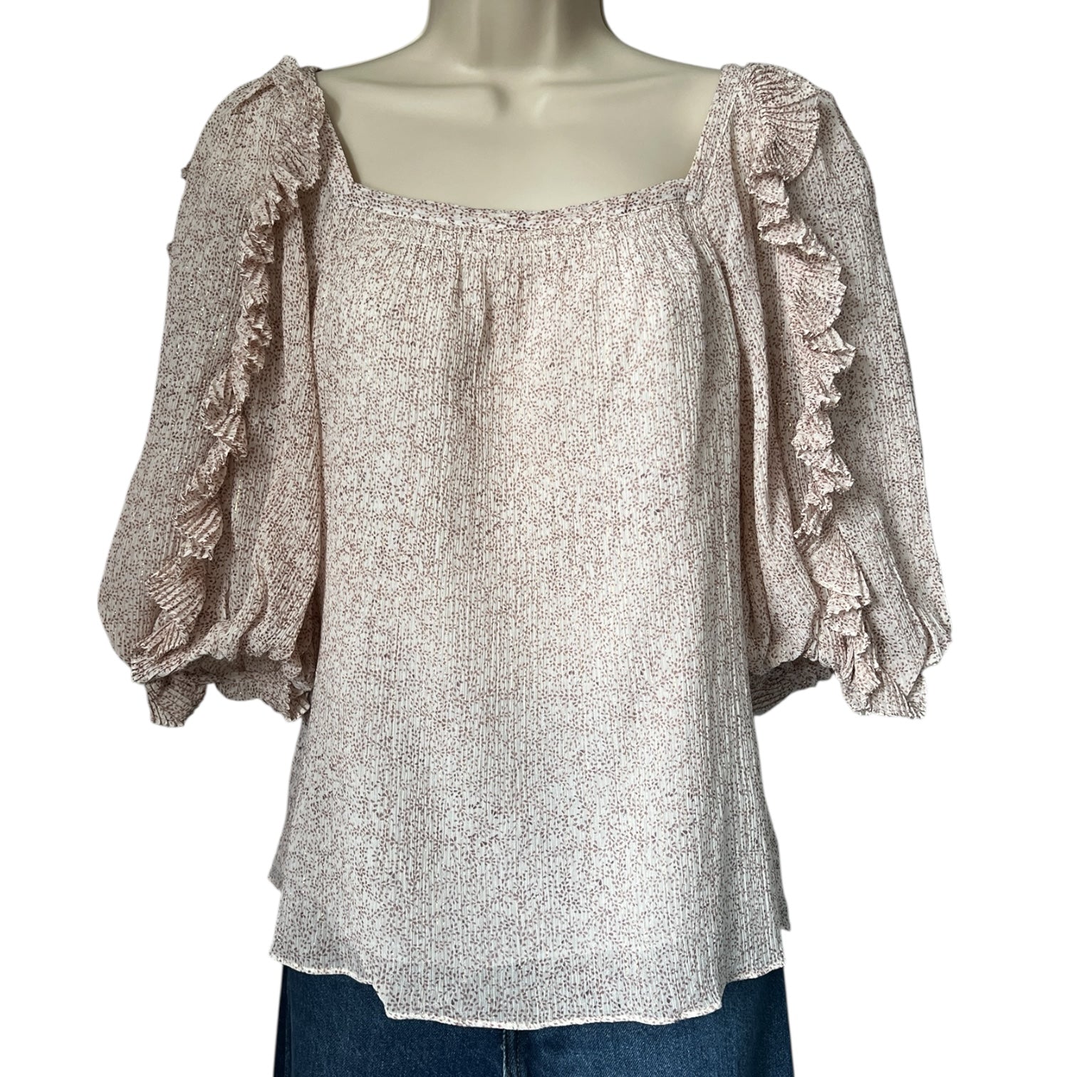 Rebecca Taylor Silk-Cotton Square Neck Ruffle Blouse – US0 (UK6)