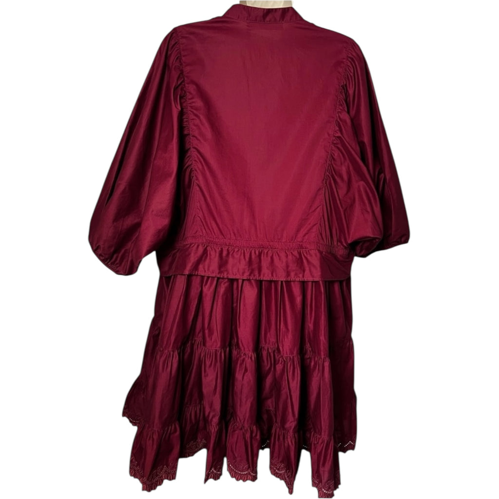 See By Chloé Tiered Ruffle Mini Dress – Red Broderie, Drawstring Waist, FR38 – pre-loved