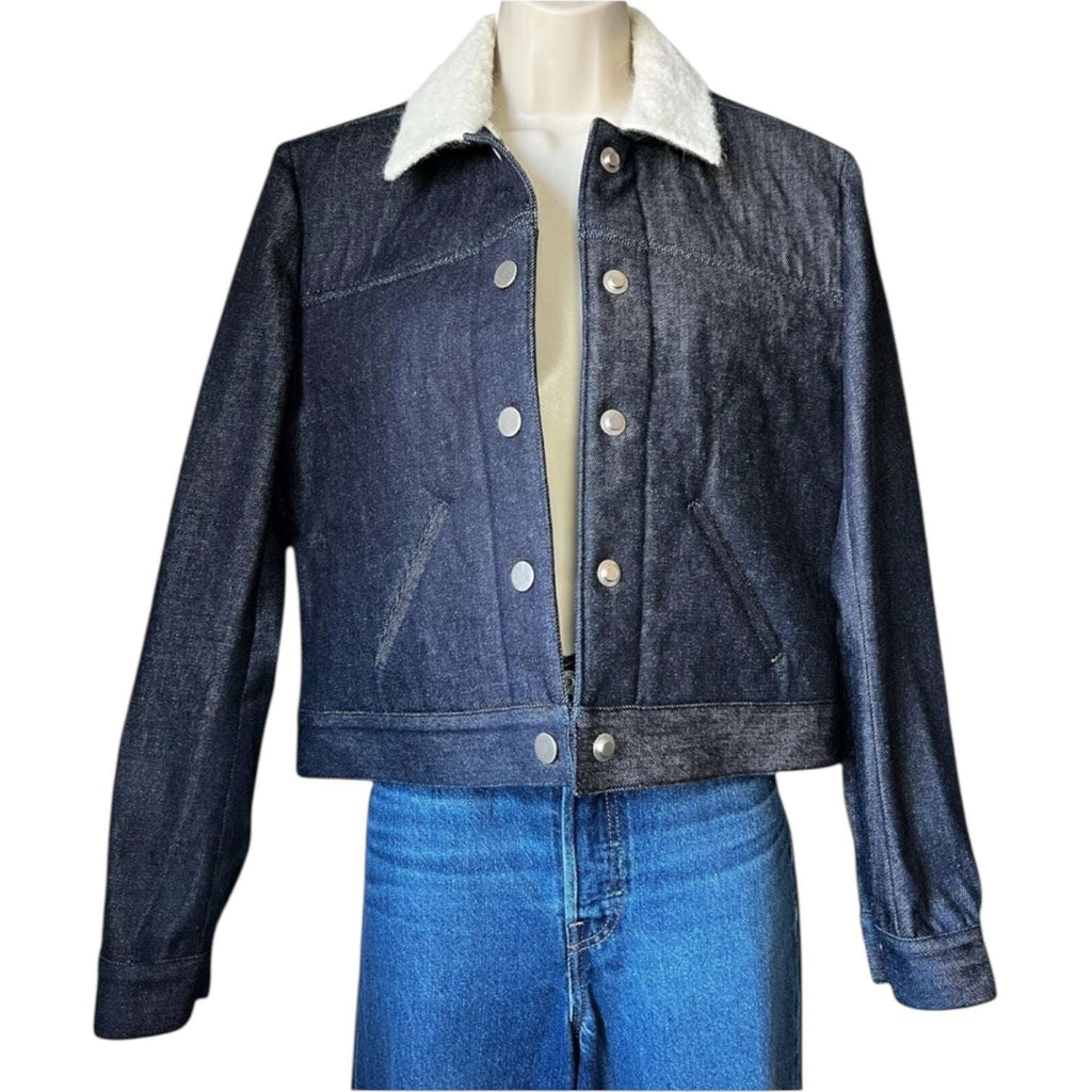 Victoria Beckham Cropped Denim Jacket with Sherpa Wool-Alpaca Lining – Dark Blue, UK12 (Runs small) – pre-loved