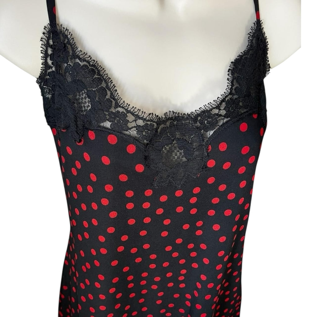 Dolce & Gabbana Polka Dot Lace Trim Silk Slip Mini Dress – Black/Red, L – pre-loved