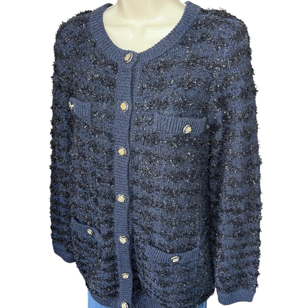 L.K. Bennett Clyde Tweed Cardigan – Black/Navy, Size S – pre-loved
