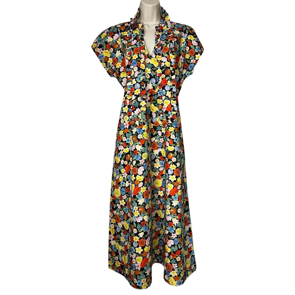 Ganni Floral Cotton Midi Dress – Ruffle Tie Neck, Boho Cottagecore Style, Size 38 (UK10) – pre-loved