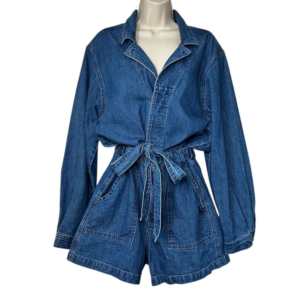 GRLFRND Tianna Denim Utility Short Jumpsuit – Waist-Tie Romper, M