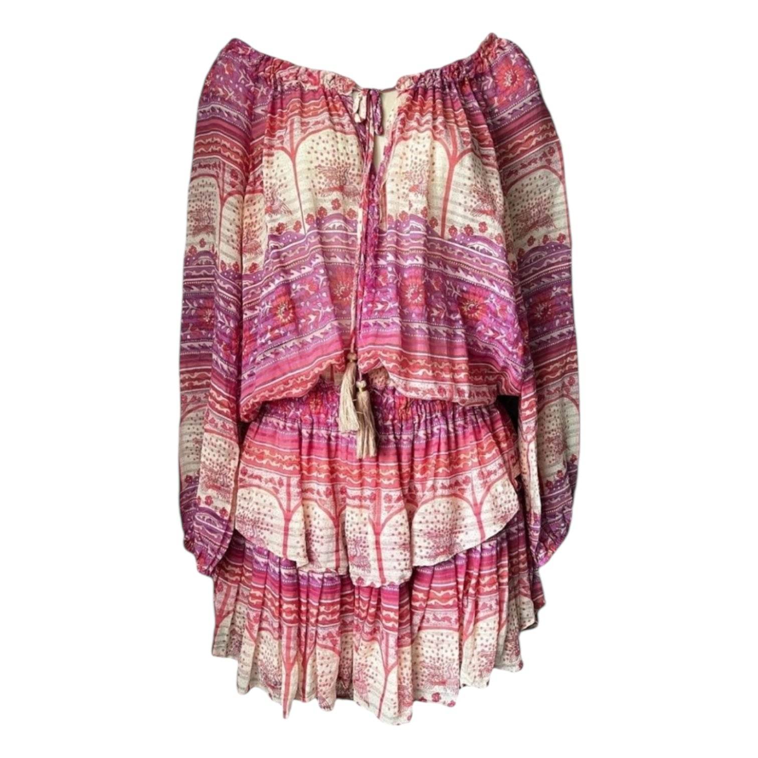 LoveShackFancy Silk Off-Shoulder Tiered Mini Dress – L – pre-loved