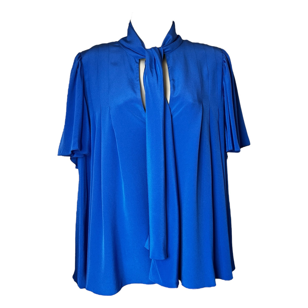 Diane Von Furstenberg Silk Pussybow V Neckline Short Sleeve Blouse – US4 (UK8) – pre-loved