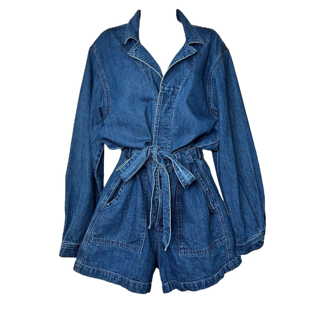 GRLFRND Tianna Denim Utility Short Jumpsuit – Waist-Tie Romper, M