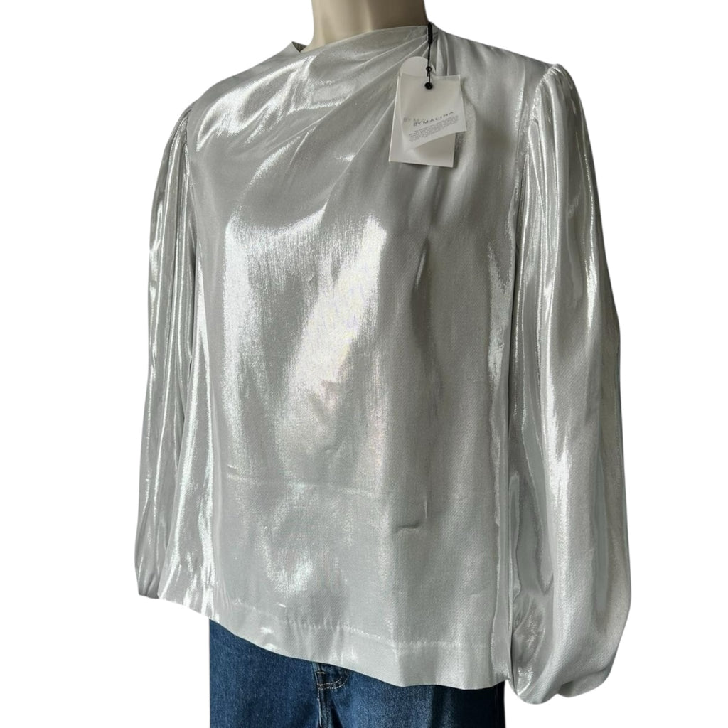By Malina Metallic Silk Blend Draped Long Balloon Sleeve Blouse – XS – pre-loved