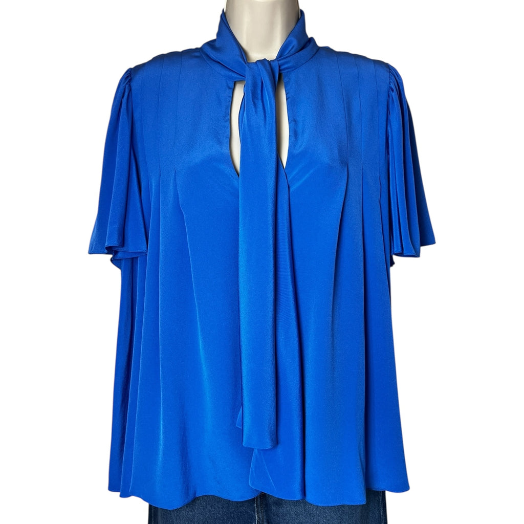 Diane Von Furstenberg Silk Pussybow V Neckline Short Sleeve Blouse – US4 (UK8) – pre-loved