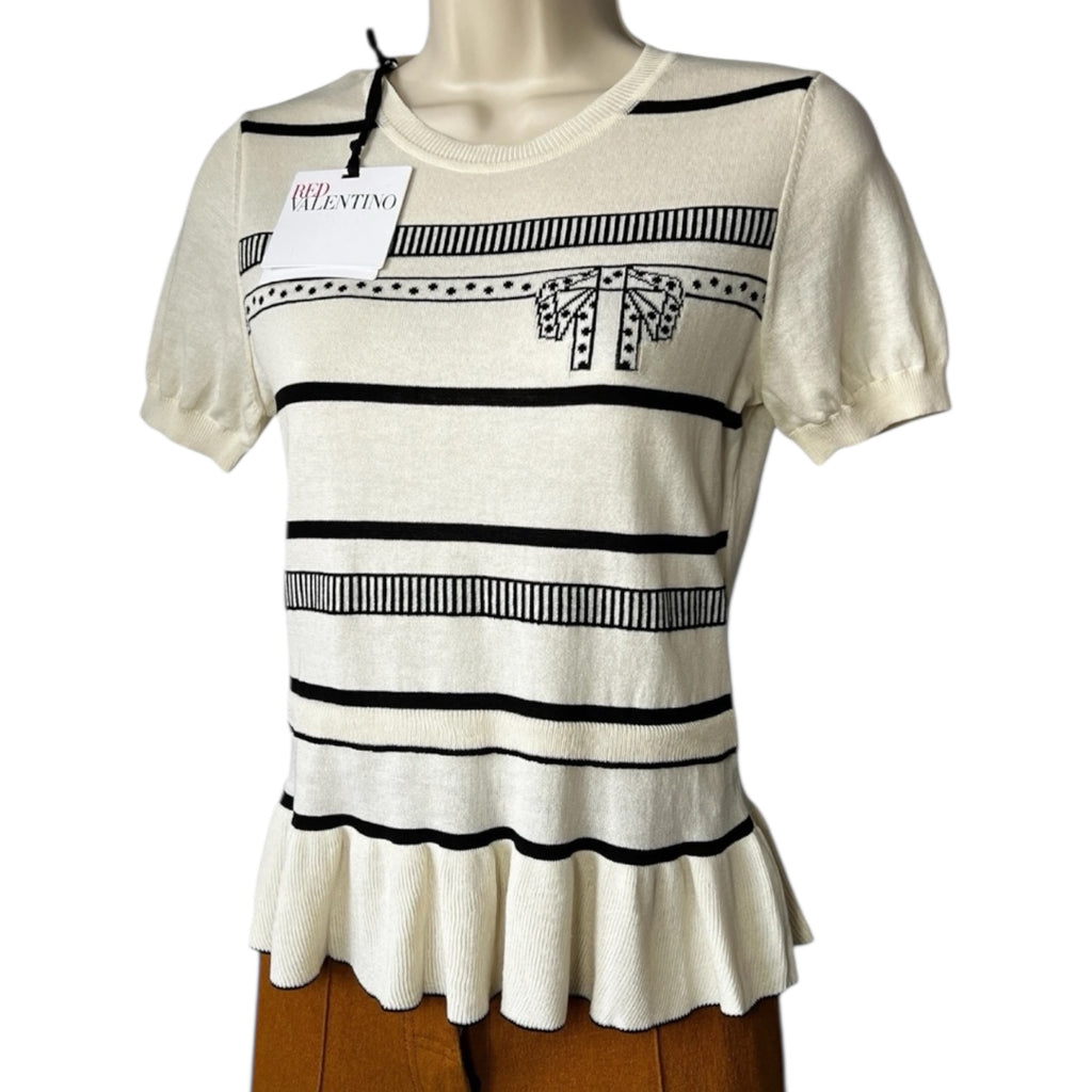 Red Valentino Intarsia Knit Peplum Short Sleeve Top – S – pre-loved