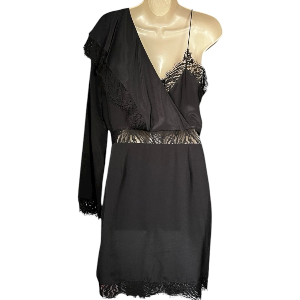 IRO Paris Silk One-Shoulder Lace Slip Mini Dress – Black, FR40 – pre-loved