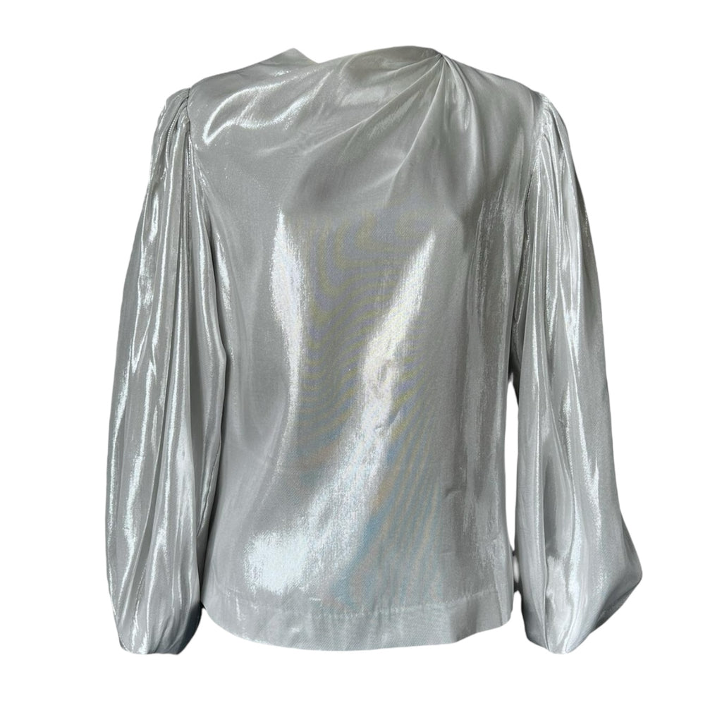 By Malina Metallic Silk Blend Draped Long Balloon Sleeve Blouse – XS – pre-loved