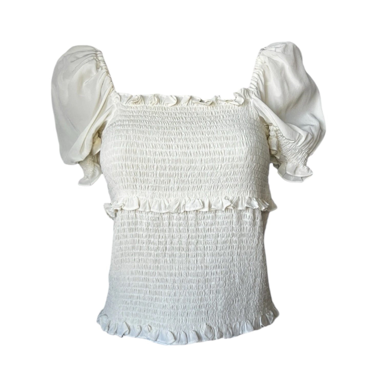 Cinq à Sept Square Neck Puff Sleeves Smocked Ruffle Silk Top – S