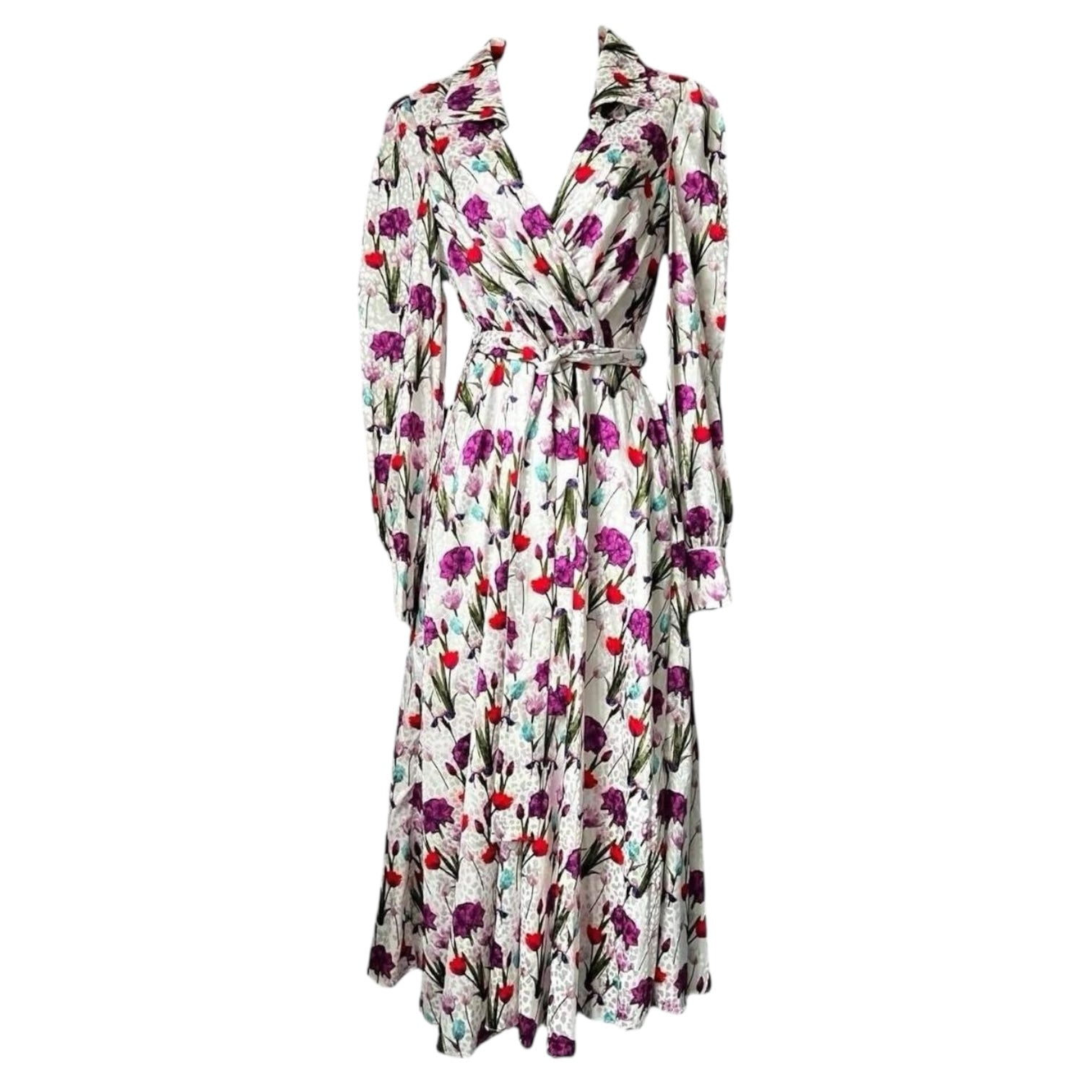 Borgo De Nor V-Neck Jacquard Satin Belted Midi Dress - UK10