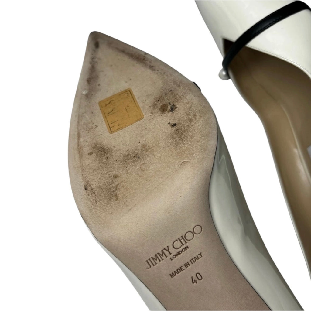 Jimmy Choo Rosalia Patent Leather Pointed Pumps – Latte with Pearl Detail, EU 40