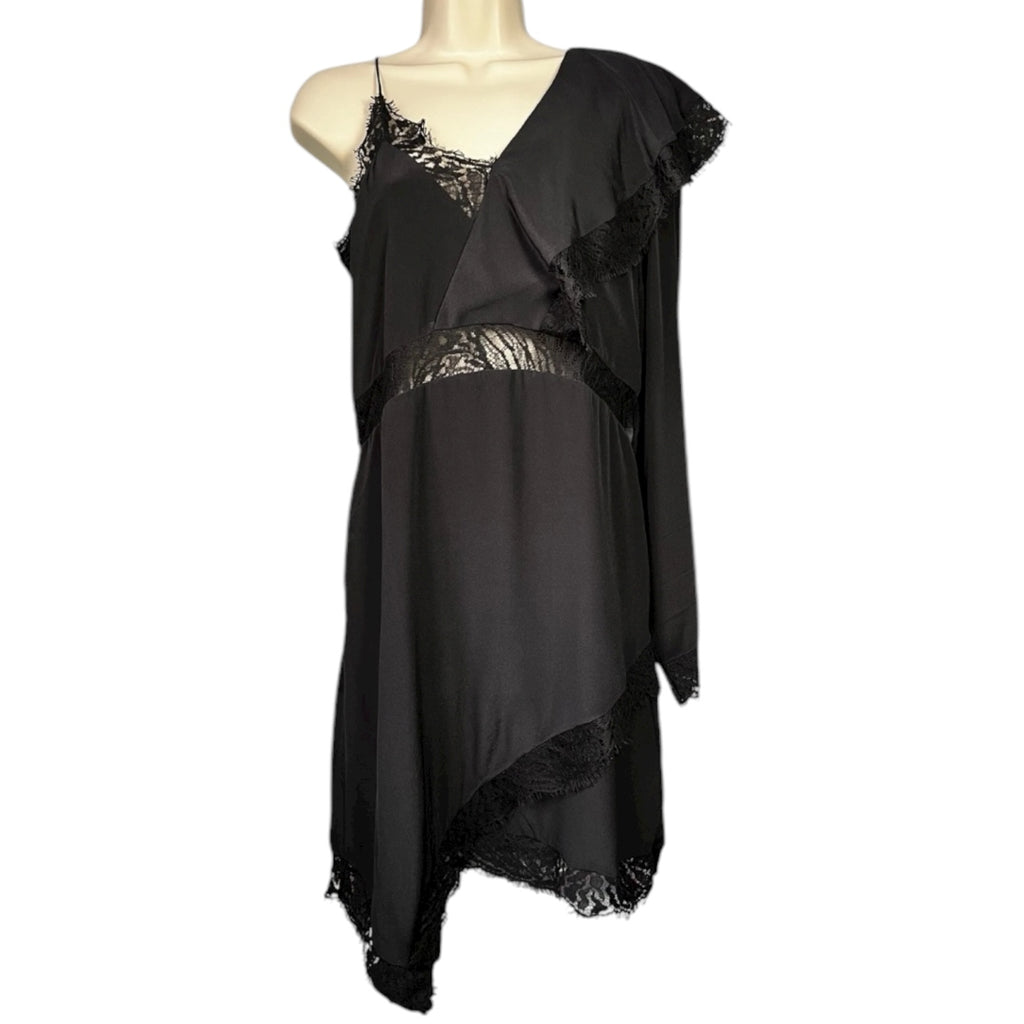 IRO Paris Silk One-Shoulder Lace Slip Mini Dress – Black, FR40 – pre-loved
