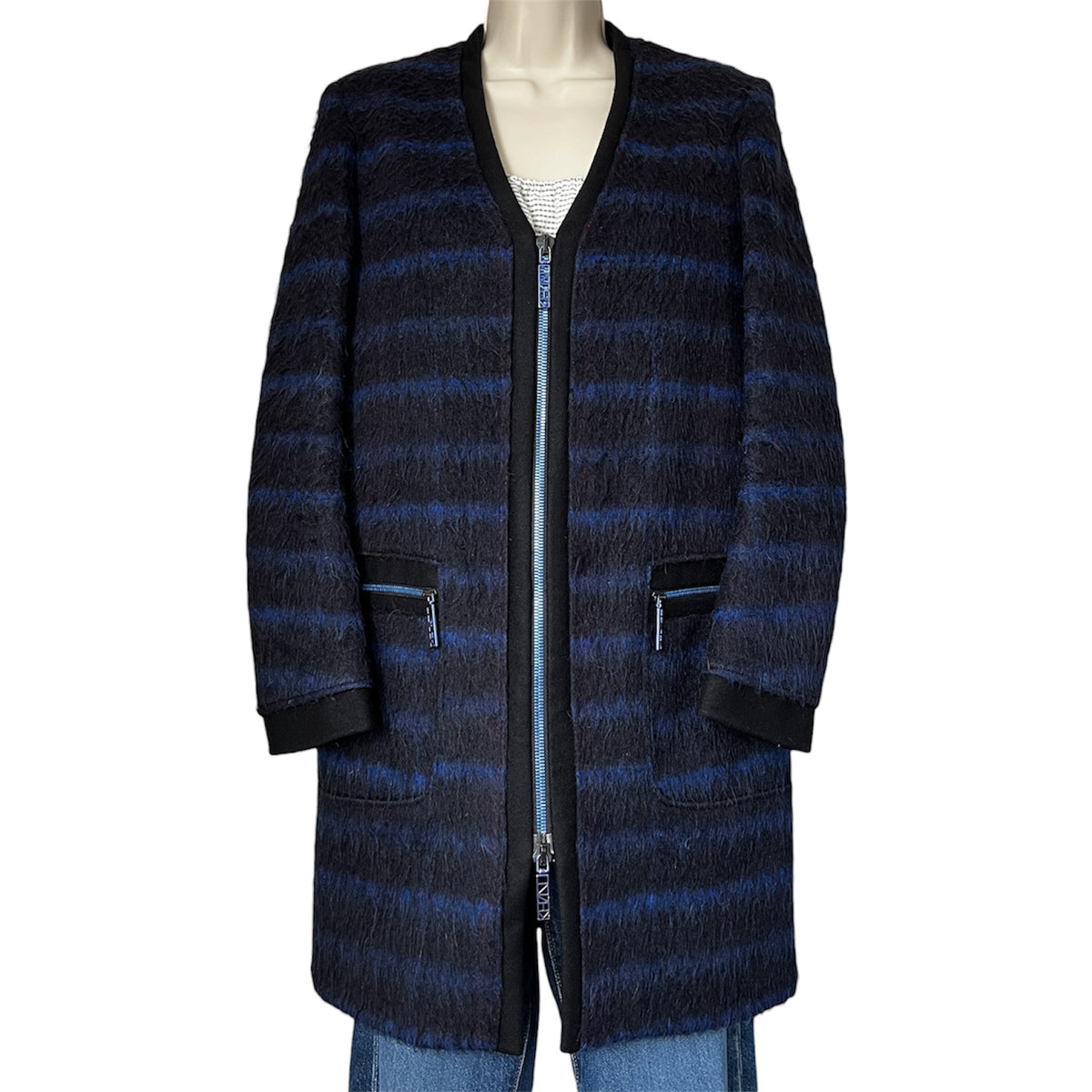 Kenzo Striped Wool Blend Collarless Pea Coat – FR36 – pre-loved